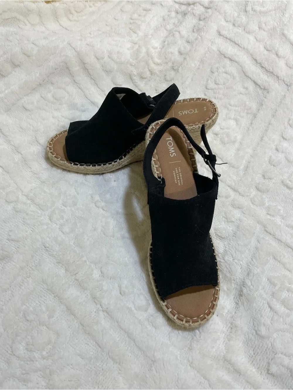 TOMS Black Suede Espadrille Wedge Sandals with Ankle Tie